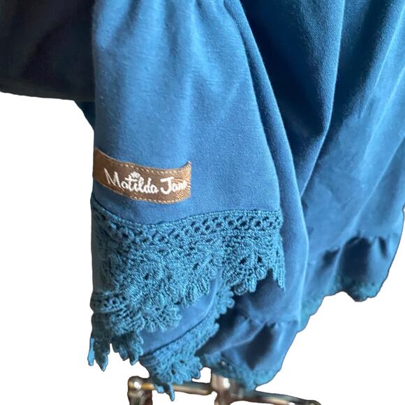 Matilda Jane Make Believe Hold The Key Teal Blue Crochet Trim Mini Dress Size M - Picture 5 of 8